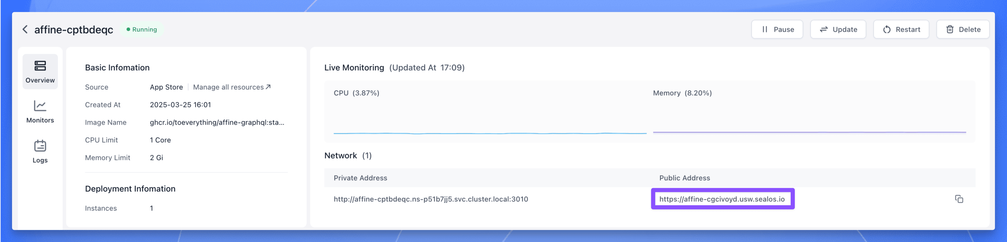 AFFINE instance details page with access information