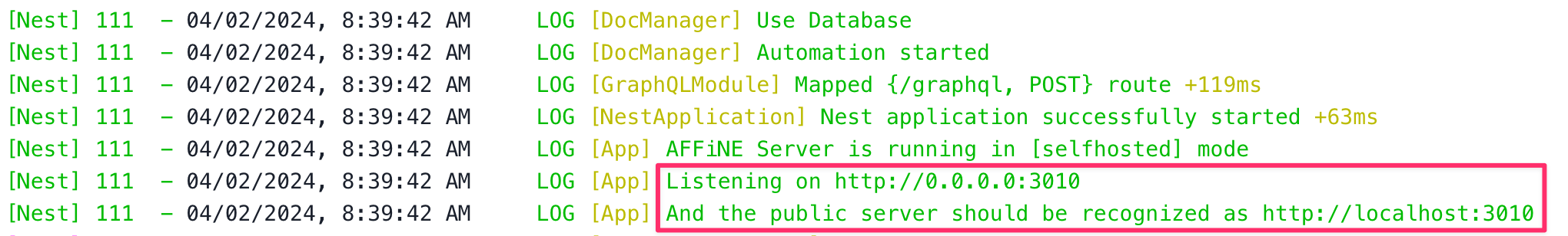 AFFINE successful startup log interface showing completed setup