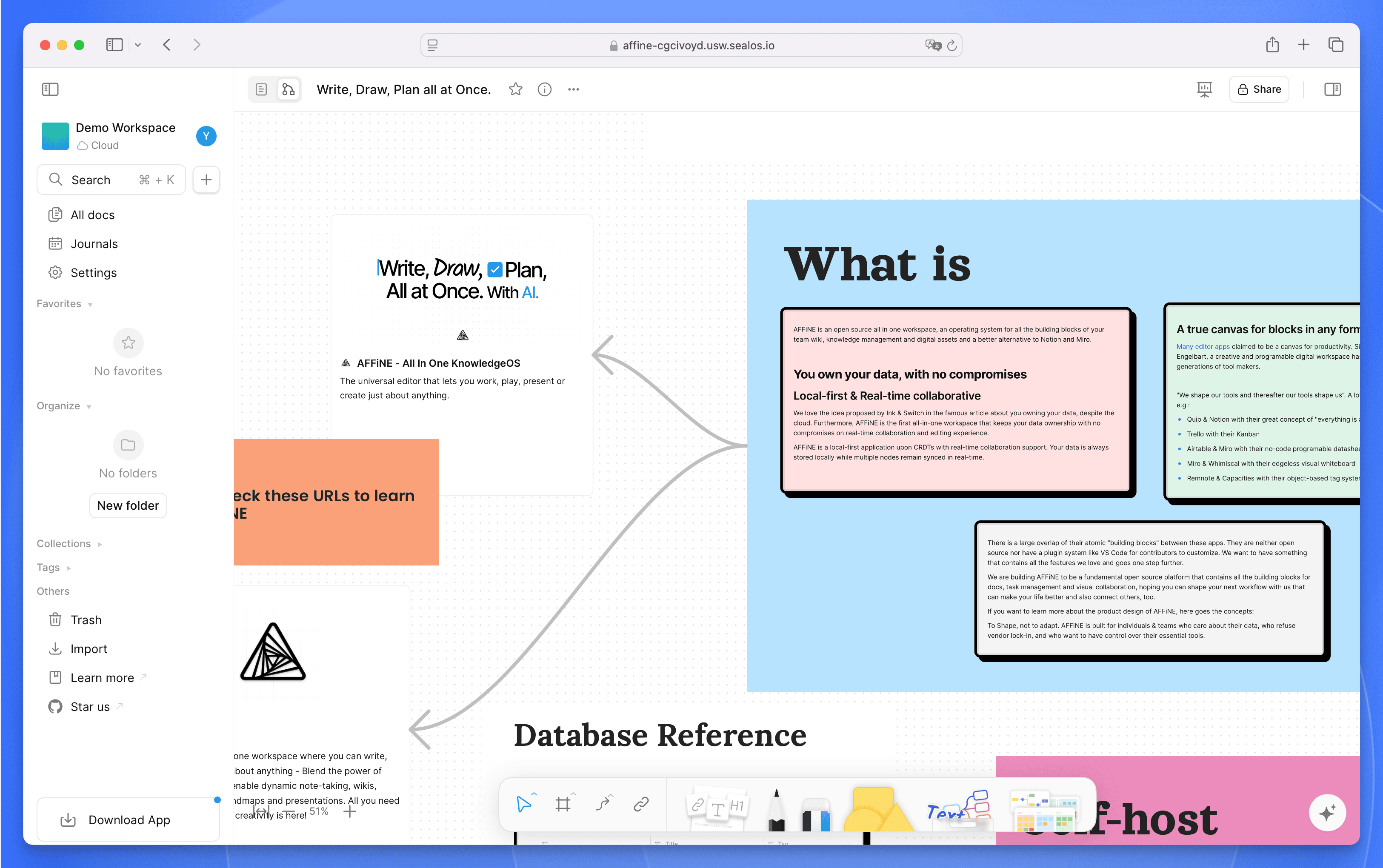 AFFINE Whiteboard Mode showing infinite canvas functionality
