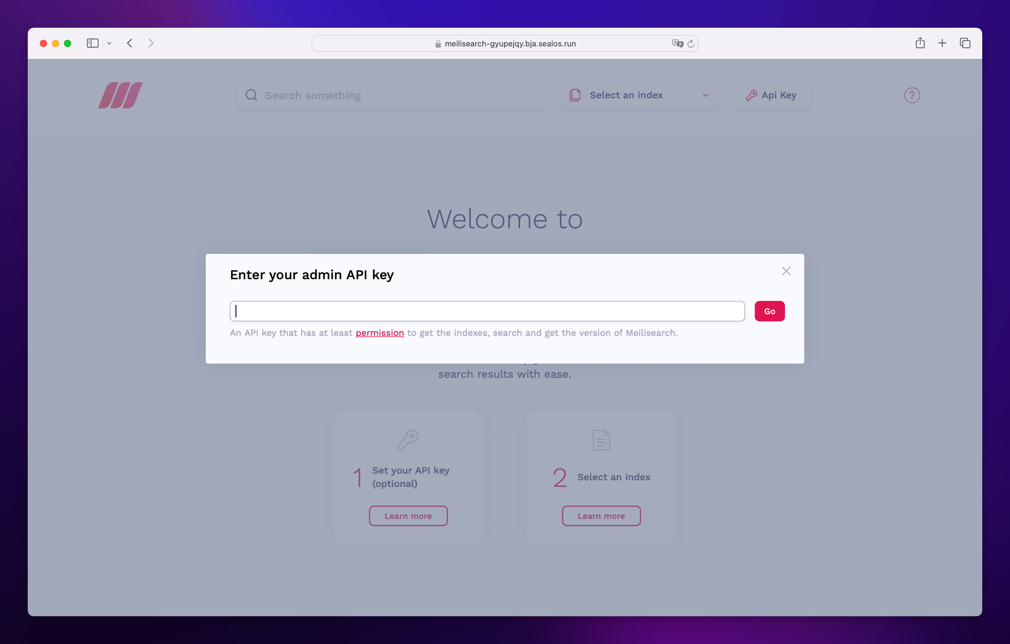 Meilisearch login screen prompting for the master key