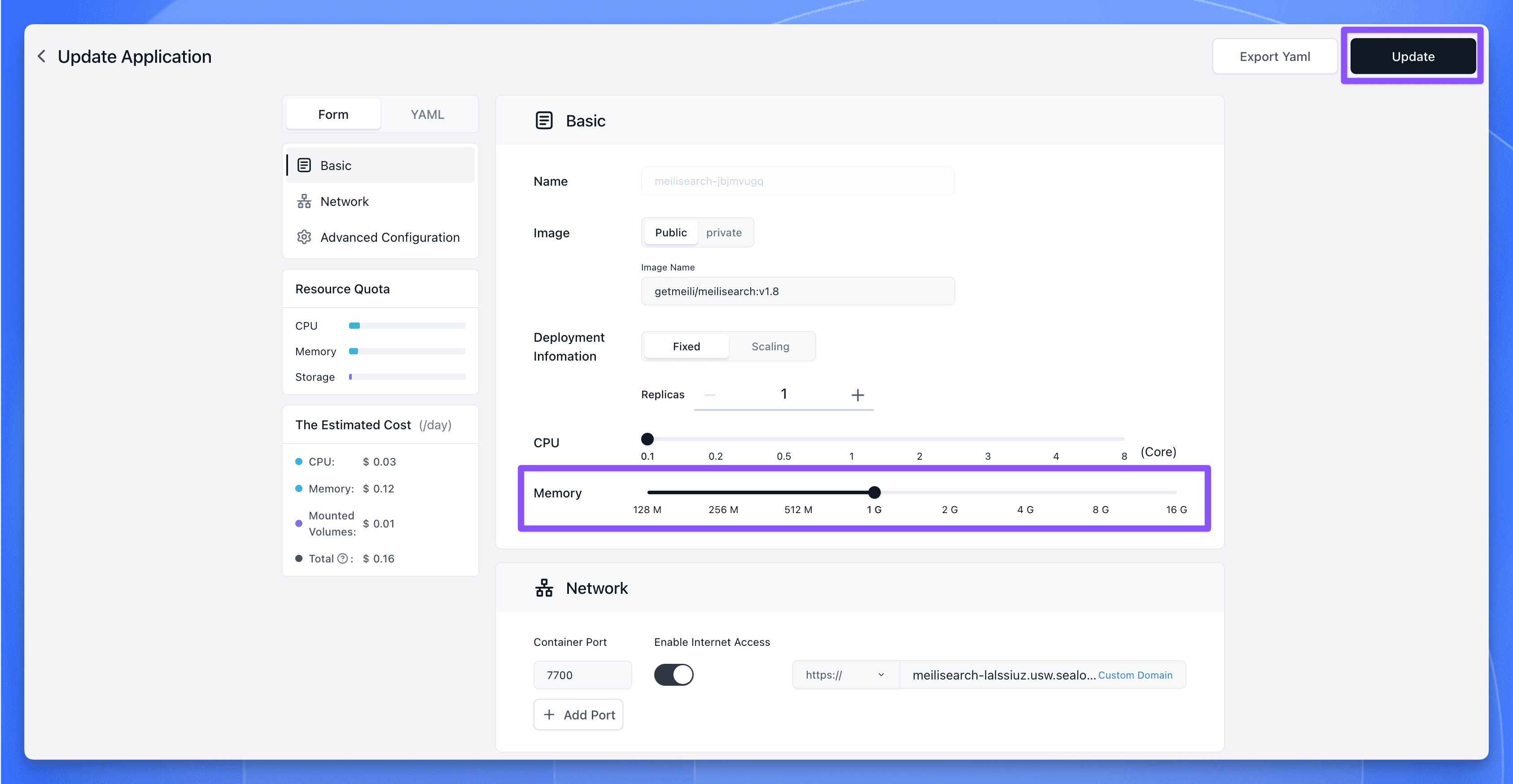 Sealos Dashboard for changing resource allocations, setting Meilisearch memory to 1G