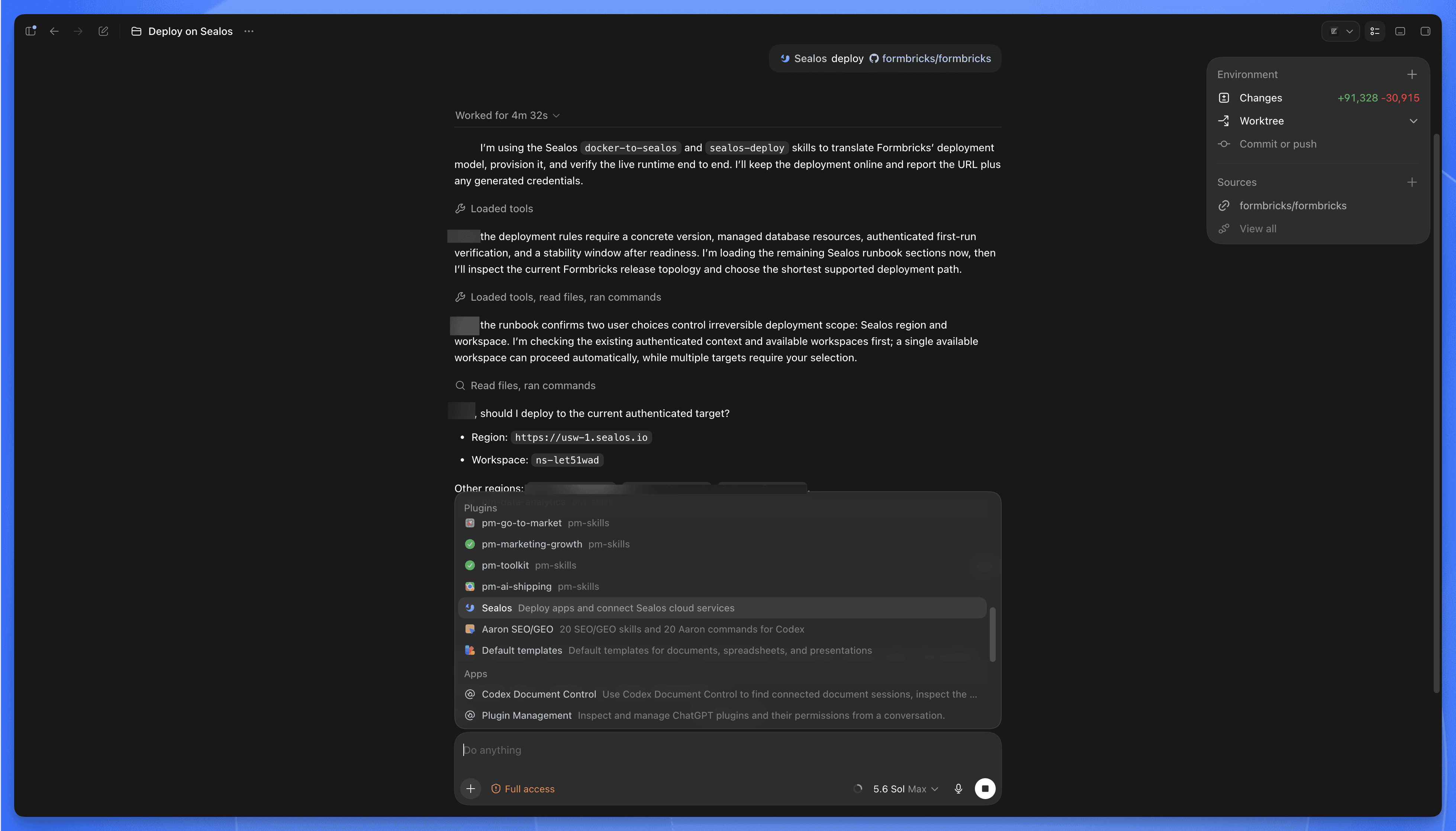 Codex uses Sealos Skills to inspect Formbricks and confirm the deployment target