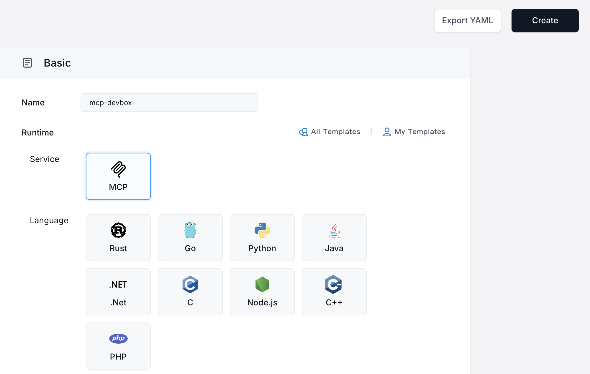 Create a new DevBox project using the MCP template