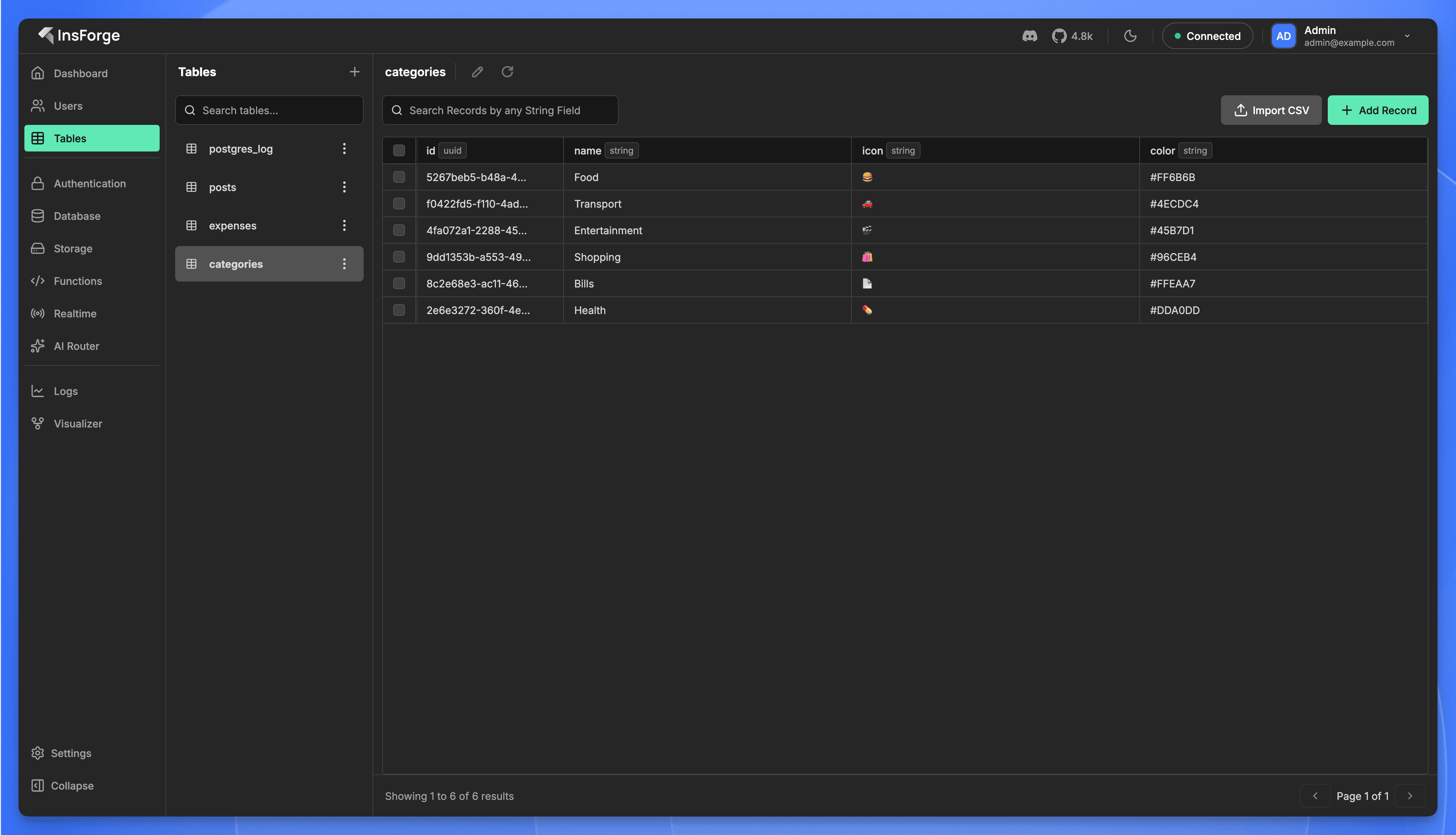InsForge dashboard showing the categories table with 6 seeded records: Food, Transport, Entertainment, Shopping, Bills, Health