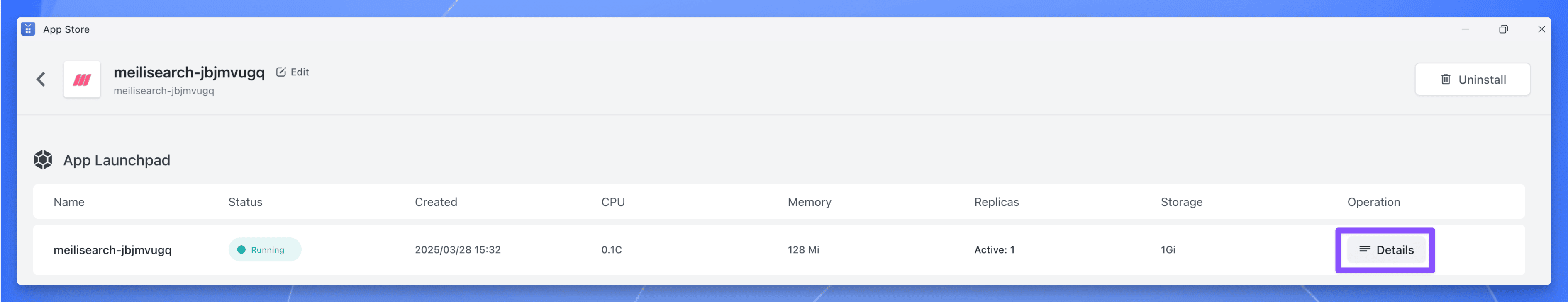Meilisearch application details page on Sealos