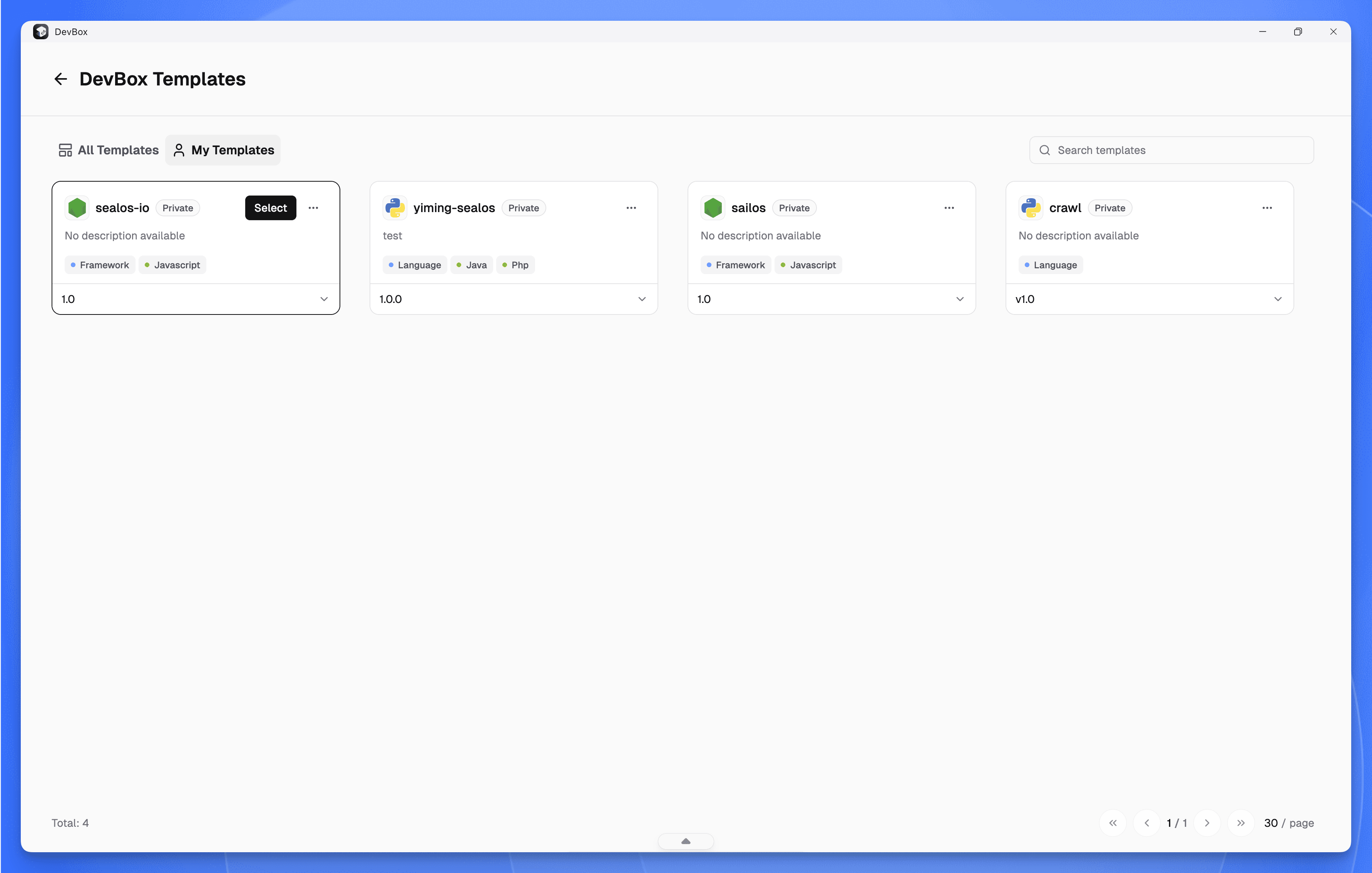Sealos DevBox My Templates interface showing private template list