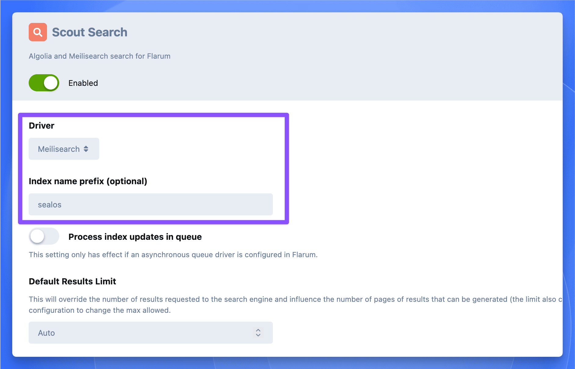 Flarum admin panel showing the extensions list, highlighting the Scout extension