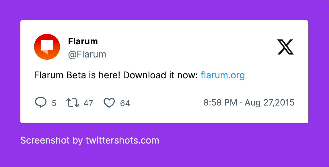 Flarum's historic announcement on X (formerly Twitter) marking the availability of its first public beta version