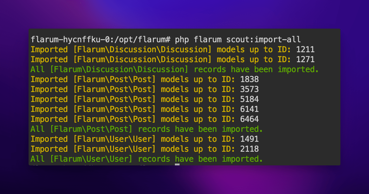 Terminal output showing the successful completion of the 'php flarum scout:import-all' command