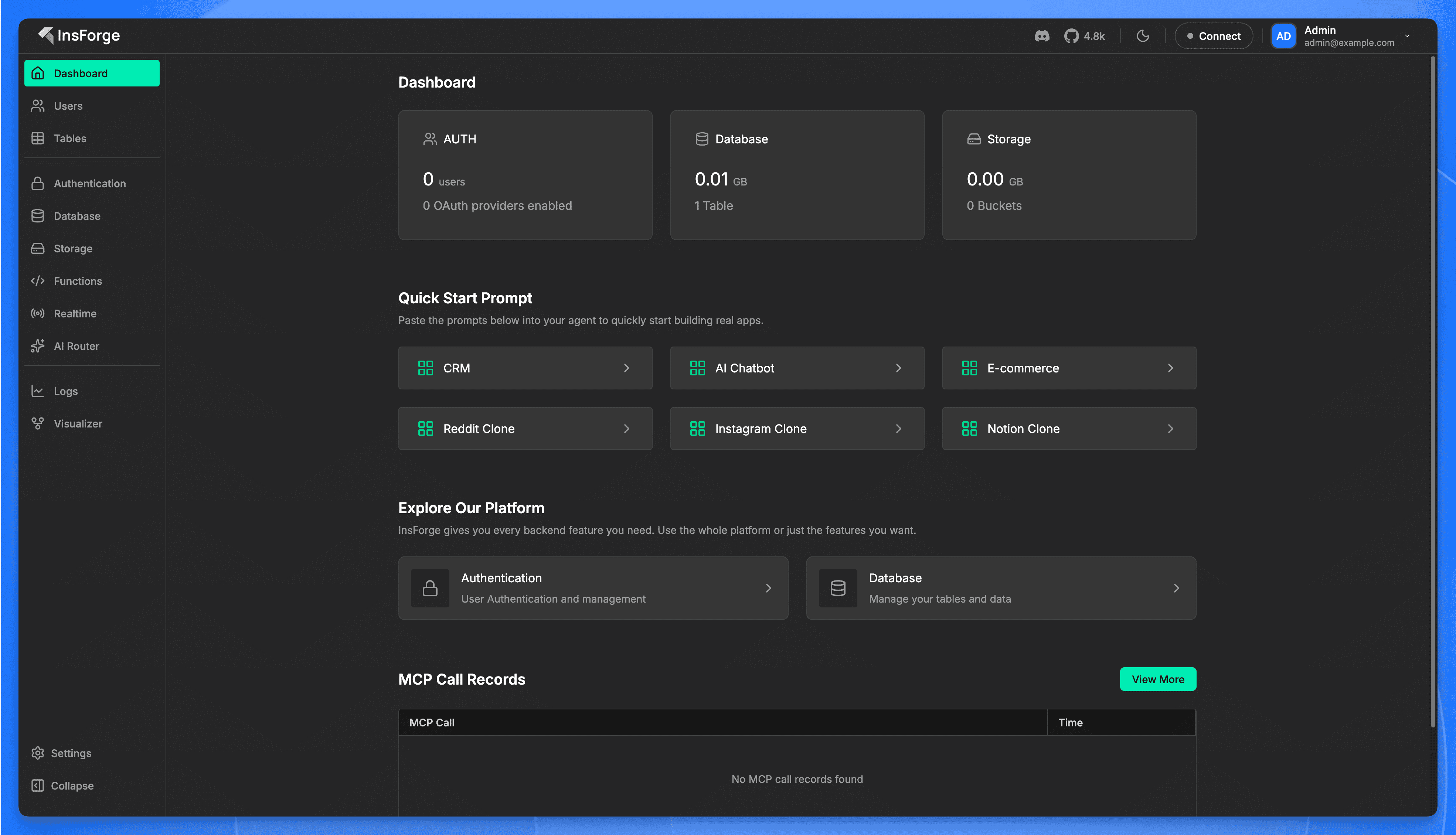 InsForge dashboard after deployment on Sealos