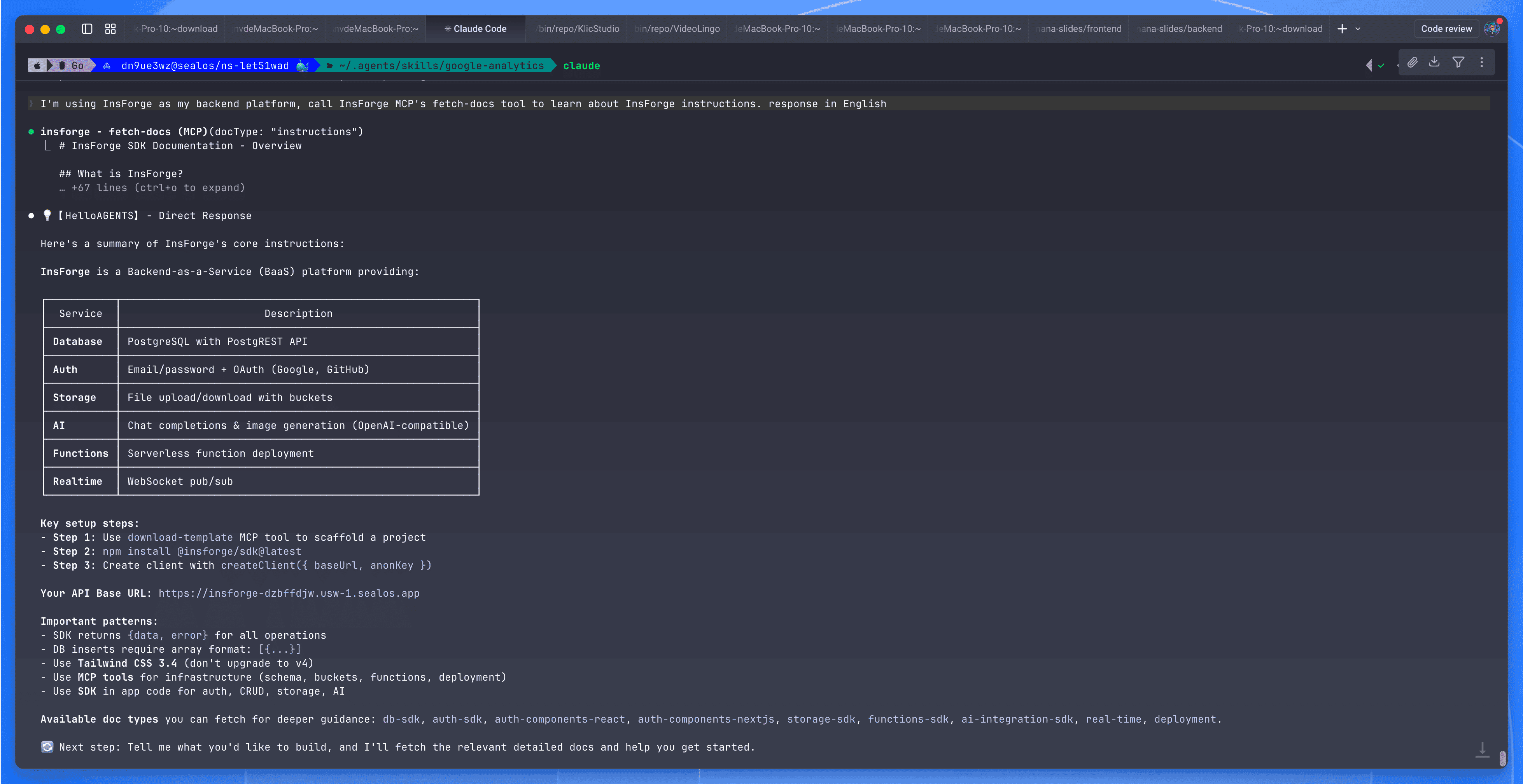 InsForge MCP connection showing backend documentation with service overview for Database, Auth, Storage, AI, Functions, and Realtime