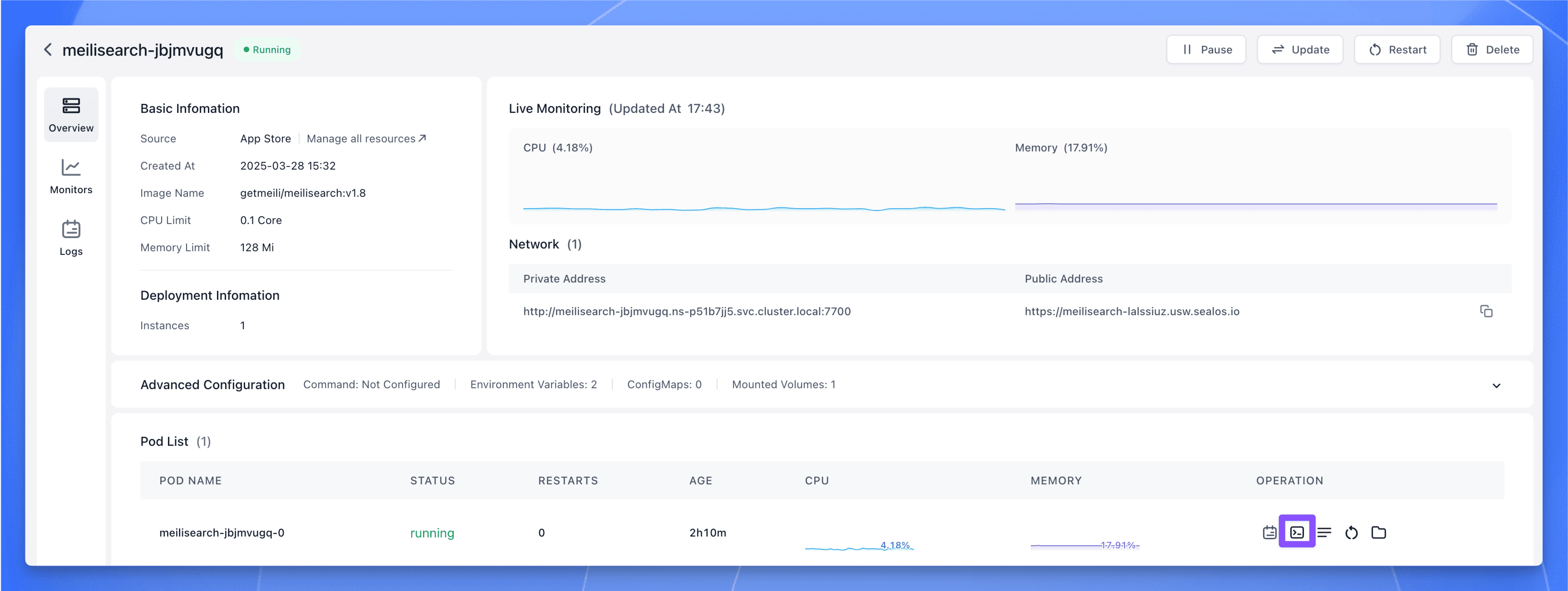 Opening the terminal for the Flarum application within the Sealos