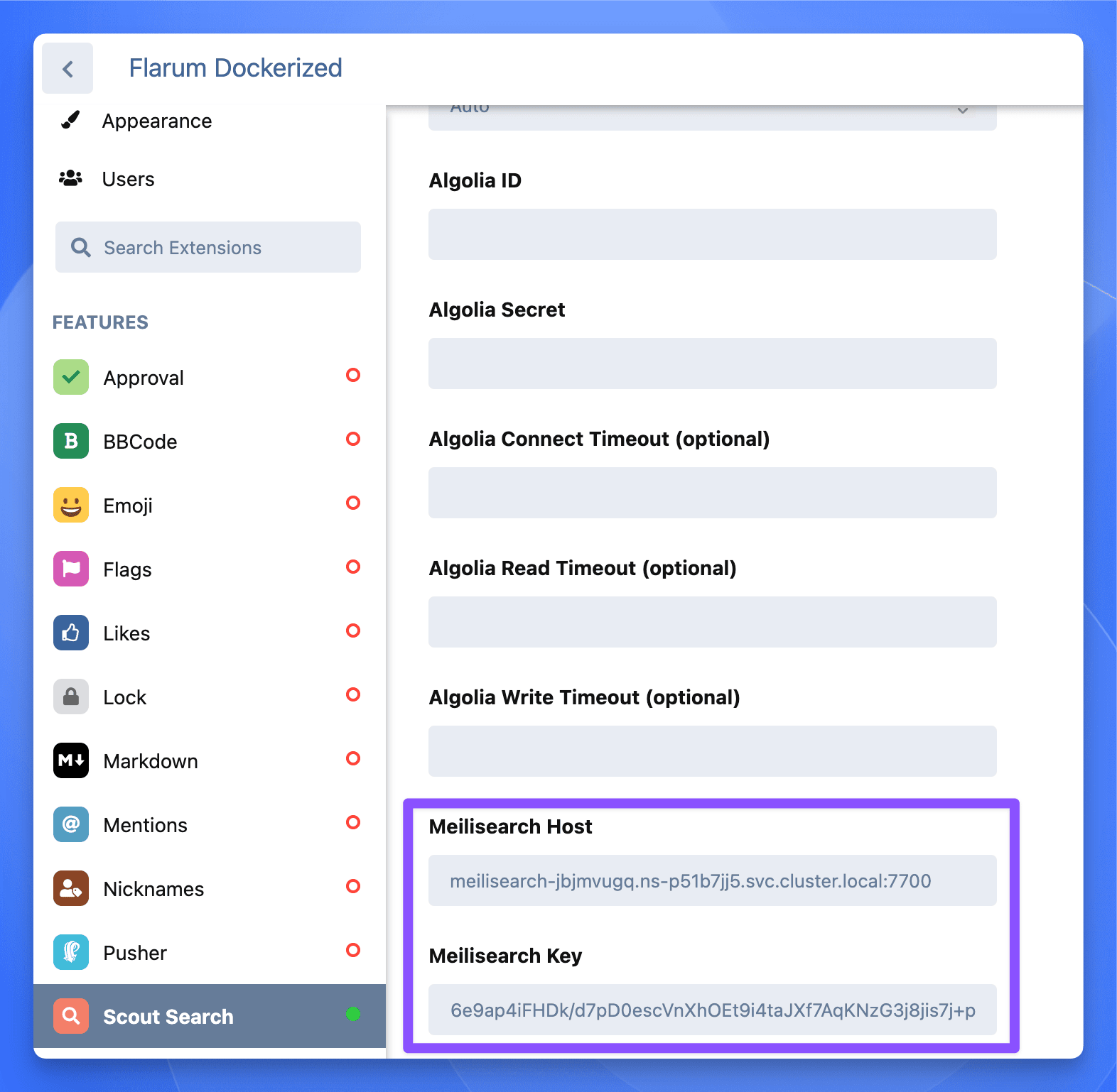 Scout extension settings within Flarum admin, showing fields for Meilisearch Host and Key