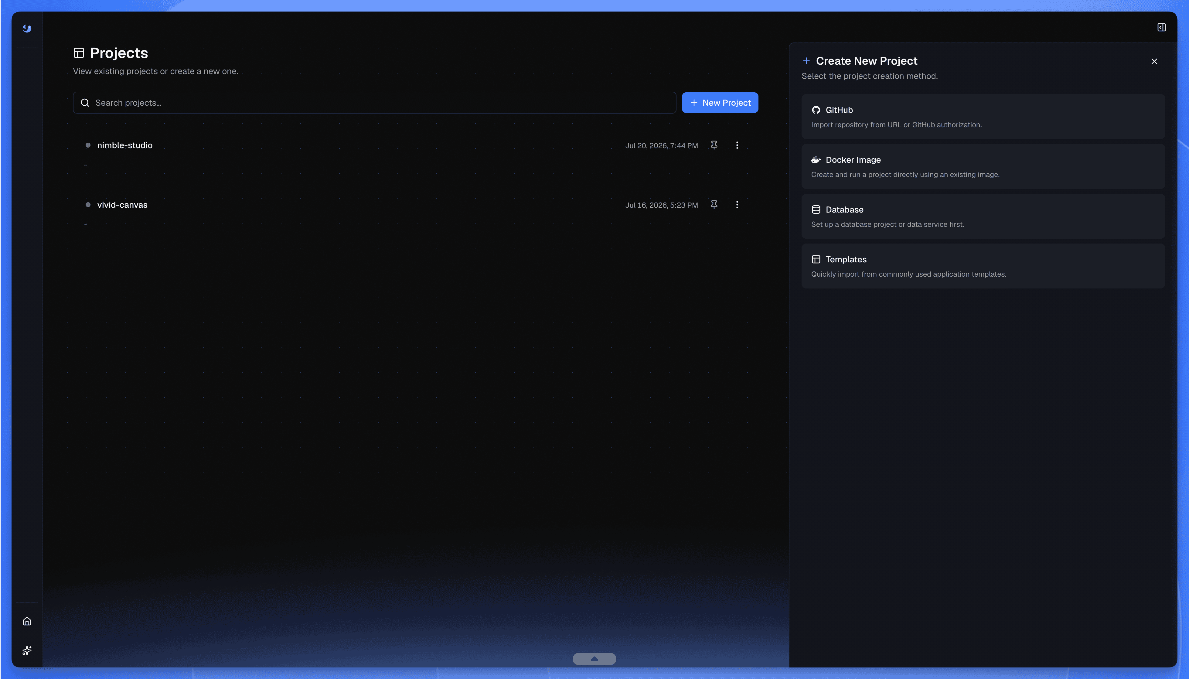 Sealos 2.0 Create New Project menu with GitHub, Docker Image, Database, and Templates