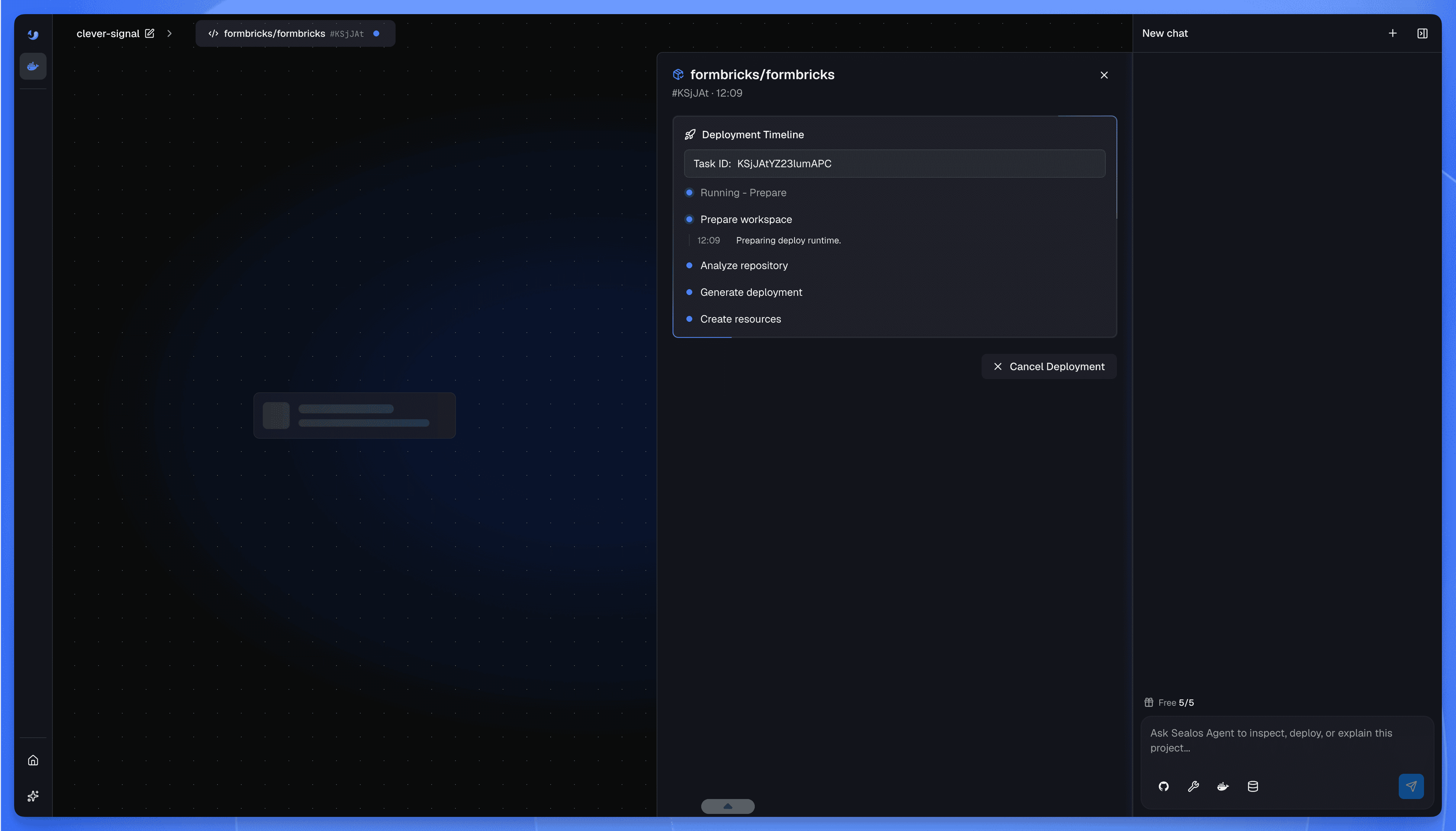 Formbricks deployment timeline in Sealos, from repository analysis to cloud resource creation