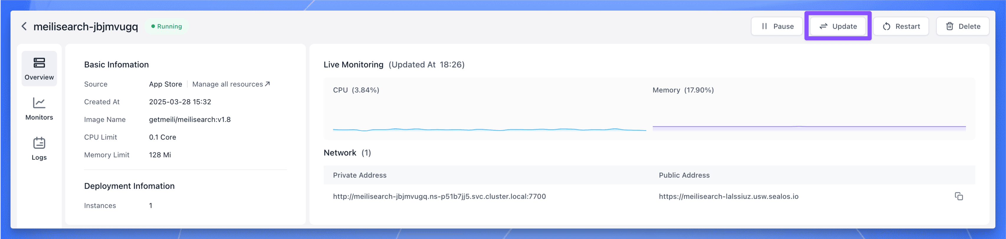 Meilisearch application details page on Sealos